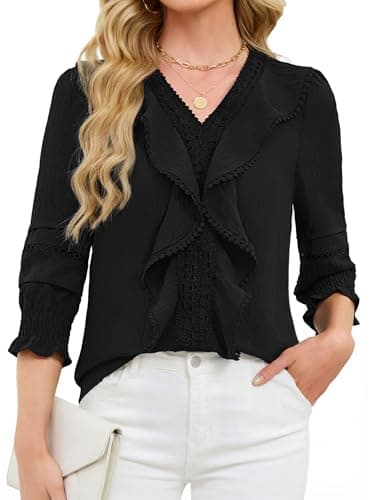 Funlingo 3/4 Length Sleeve Womens Tops Dressy Casual Blouses Ruffle V Neck Lace Shirts with Smocked Cuffs 2026 Fashion Clothing Black M - Image 1