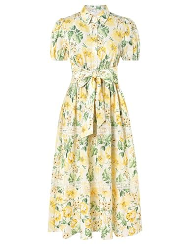GRACE KARIN Women's 2026 Summer Floral Flowy Dresses Boho Tie Belt Short Puff Sleeve A Line Maxi Shirt Dress with Pocket Yellow Green X-Large - Image 1