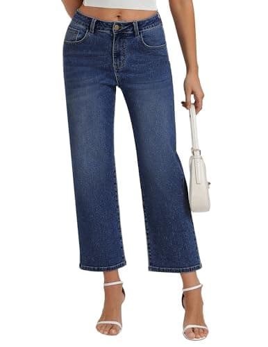 Belle Poque Women Dark Blue Wide Leg Jeans Stretchy Mid Rise Straight Leg Jeans with Pockets (Dark Blue, 16) - Image 1