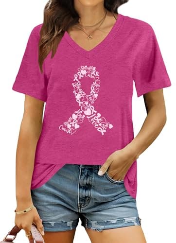Ithalt Breast Cancer Shirt Women Pink Ribbon Shirts Breast Cancer Awareness Tee Cancer Survivor V Neck Tshirts(Pink3, X-Large) - Image 1