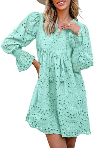 Dokotoo Womens Dresses 2026 Cotton Long Sleeve Tassel V Neck Short Blue Dress A Line Hollow Out Lace Ruffle Cute Dress Elegant Casual Beach Party Dresses Small - Image 1