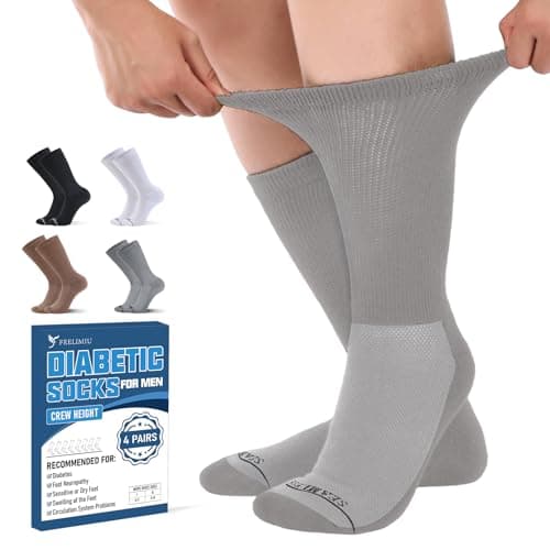 Frelimiu Diabetic Socks for Men, 4 Pairs Seamless Crew Socks with Non Binding, Soft Cushioned Sole Sock with Loose Top, Diabetes Sock Men for Neuropathy, lymphedema, Edema, Swollen Feet, 8-11(L) - Image 1