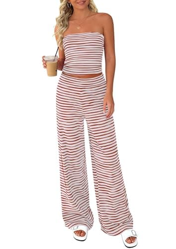 PRETTYGARDEN Two Piece Striped Sets for Women Summer Travel Outfits 2026 Spring Y2K Going Out Vacation Clothes Loungewear (Brick Red,X-Large) - Image 1