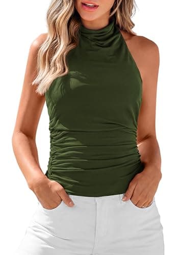 KIRUNDO Tank Tops for Women 2026 Dressy Halter Cowl Neck Backless Summer Clothes Casual Fitted Going Out Mesh Beach Outfits(Army Green, X-Small) - Image 1