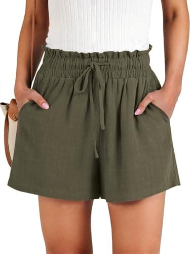 NILOINE Ladies Summer Casual High Waist Shorts Wide Leg Ruffle Elastic Waist Adjustable Drawstring Shorts Boho Linen Short Pants with Pockets(Army Green,X-Large) - Image 1