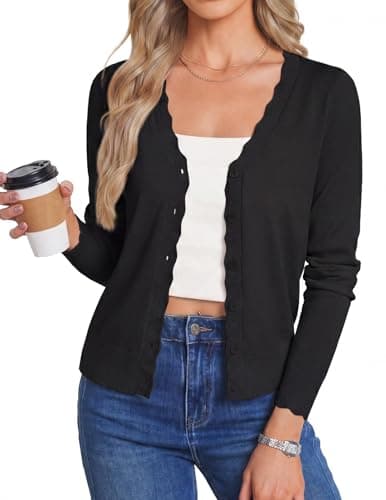 GRACE KARIN Women's Black Lightweight Summer Button Up Cardigan Sweater, V Neck Soft Knit Wool Cropped Bolero Shrugs for Dress S - Image 1