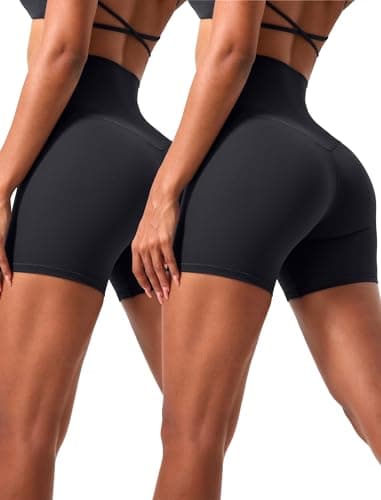 voenxe High Waisted Biker Shorts Women,6" Tummy Control Workout Gym Soft Shorts for Yoga Running,Spandex No Front Seam,2 Pack Black - Image 1