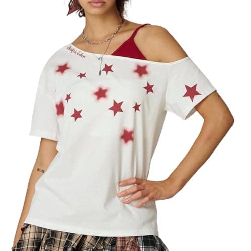 Aelfric Eden Star Graphic Off The Shoulder Tee Women's Oversized Graphic Tees Short Sleeve Summer Cute T Shirts Y2K Tops White Medium - Image 1