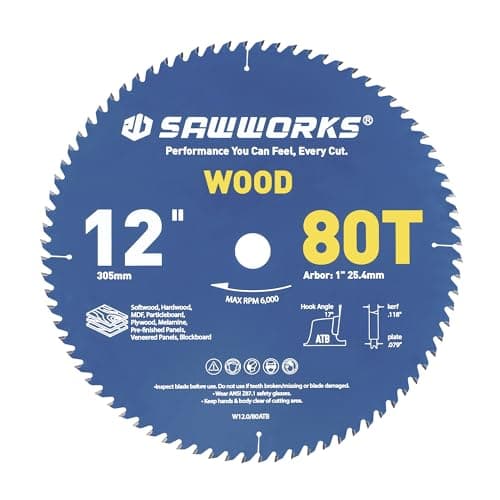 SawWorks 12 Inch 80T Circular Saw Blade ATB Carbide Tipped, Precision Fine Finish Wood Cutting Saw Blade with 1" Arbor for Table Saws & Sliding Miter Saws - Image 1
