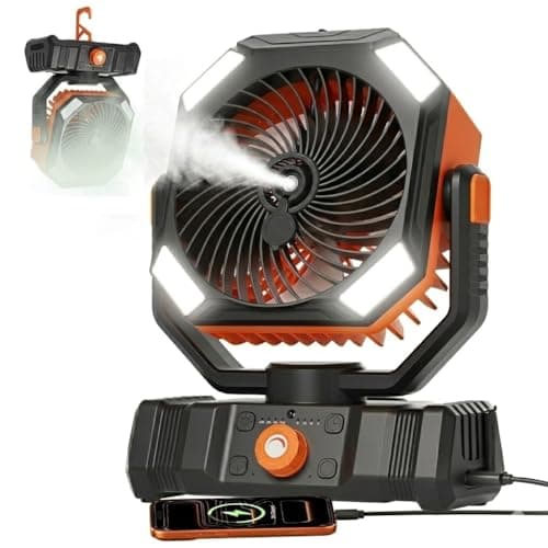 USONE Misting Fan, Portable Camping Fan Rechargeable, Battery Powered Fan for Camping with Light, Remote & Timer, Hanging Tent Fan with Hook for Outdoor fishing, Travel, Work/Summer Essential - Image 1