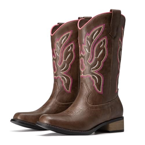 Athlefit Cowboy Cowgirl Boots for WomenMid Calf Square Toe Comfortable Pull On Chunky Low Heel Embroidery Mid Calf Boots Pink Brown Size 10,SAMB2605W - Image 1