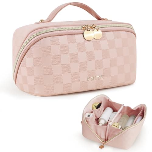 Prite Makeup Bag for Women Travel Waterproof Vegan Leather Cosmetic Bag Open Flat Toiletry Bag With Clear Divider and Handle (Plaid Pink, Medium) - Image 1