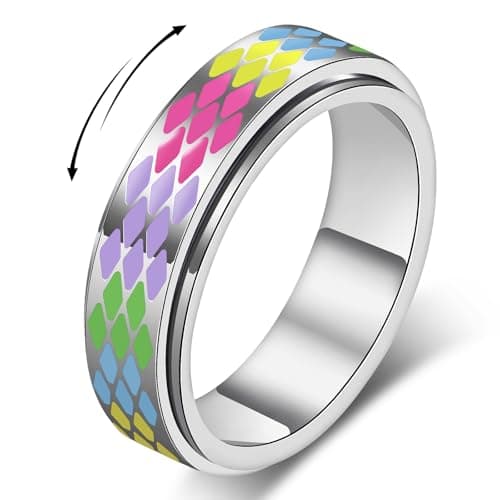 AmorArtSky Checkered Fidget Ring for Adults - 18K Gold Plated Stainless Steel Rotating Spinner Jewelry, Anxiety & Stress Relief Gift for Women/Men (Multicolor Diamond Pattern) - Image 1