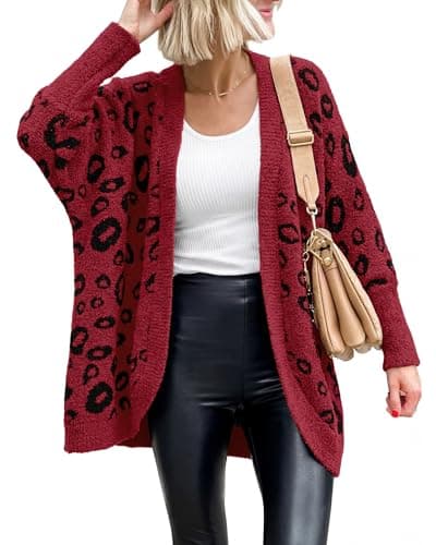 BTFBM Leopard Cardigan for Women Long Sleeve Open Front Cardigans Sweaters Pockets Loose Knit 2026 Fall Winter Outwear(Red, Medium) - Image 1