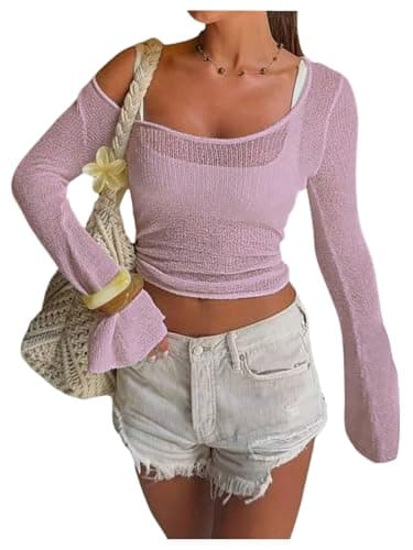 MakeMeChic Women's Mesh Beach Coverup Knit Bell Sleeve Tops Crop Crochet Tops Light Pink Large - Image 1