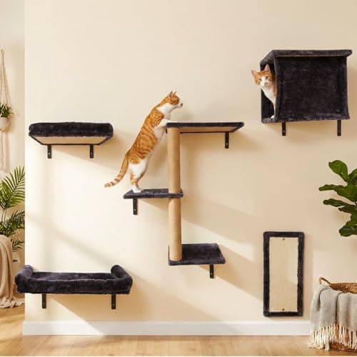 Teynouk 5in1 Cat Wall Shelves Climbing Systems, Large Cat Furniture Shelf Set Wall Hanging Mounted, Sisal Scratching Perch Bed 2 Steps Tower Tree for Indoor House Corner Ladder