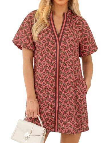 Wenrine Womens Summer Dresses Casual Floral Puff Sleeve V Neck Boho Loose Beach Mini Dress with Pockets Multicolored - Image 1