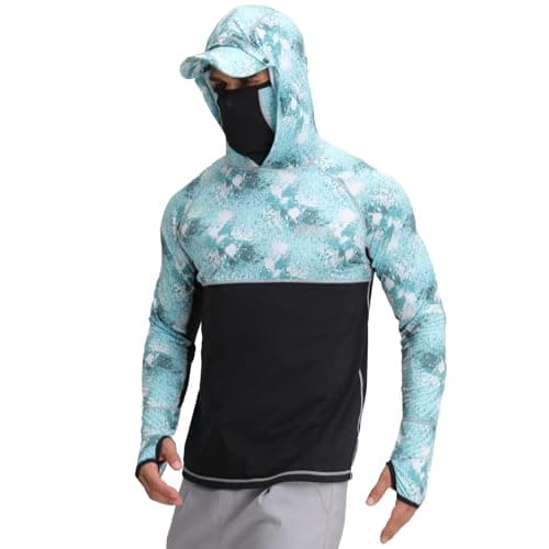 Men's Rash Guard Shirts Sun Protection Fishing Hoodie with Mask Cap Long Sleeve UPF 50+ Hiking Shirt(L) Light Green - Image 1