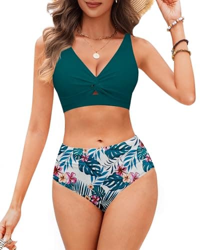 HORISUN Women's High Waisted Bikini Set Twist Front Two Piece Swimsuit with Adjustable Straps & Tummy Control Bathing Suit Green Floral Green Floral XL - Image 1