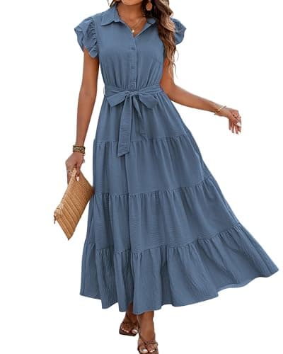 dowerme Women's Summer Casual Dresses 2026 Cap Ruffle Sleeve V Neck Button Belted Tiered Boho Maxi Dress with Pockets(Grey Blue,X-Large) - Image 1
