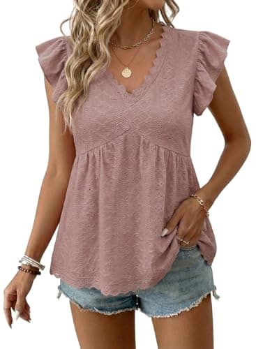 BLENCOT Peplum Tops for Women Trendy Lace V-Neck Ruffle Sleeveless Summer Hollowout Jacquard Crochet Blouse Boho Plus Size Maternity Shirts X-Large Rose Tan - Image 1