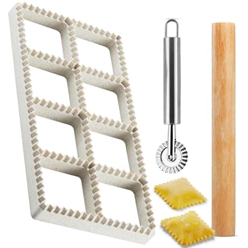 MUMSUNG Ravioli Maker Press, Ravioli Press Mold Set - Squares Ravioli Stamp Maker Cutter with Wood Rolling Pin and Ravioli Wheel, Ravioli Stamp Pasta Making Tools | Makes 8 Ravioli, 1.85" - Image 1