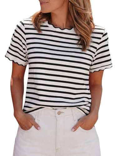 Womens Striped Shirt Summer Color Block Scalloped Short Sleeve Tee Shirts Casual Loose Fit Crewneck Tops Black M - Image 1