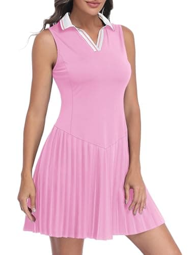 FREEYE Women's 2 Piece Sleeveless Tennis Dress with Shorts V-Neck Pleated Athletic Outfits for Pickleball Golf Casual Wear Pink S - Image 1