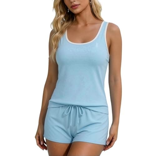Tank Top Pajama Set for Women, 2 Piece Scoop Neck Backless Camisole and Shorts With Drawstring Women's Sleepwear, Lightweight Soft Comfy Summer Womens Loungwear Blue M - Image 1
