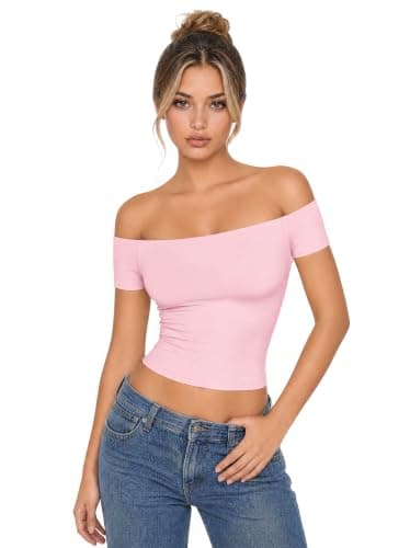 Women Off The Shoulder Tops Going Out Y2K Summer Sexy Double Line Shirts Slim Fitted Tops for Woman Trendy Basic Blouse Shirt Club Outfits Blusas para Mujer Casuales y Elegantes Pink
