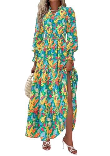 PRETTYGARDEN Women's Floral Maxi Dress 2026 Fall Long Sleeve V Neck A Line Long Flowy Spring Party Boho Dresses (Floral Green,Large) - Image 1
