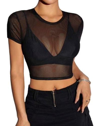 GAMISS Mesh Shirt for Women Short Sleeve See Through Mesh Top Fitted Sheer Y2K Top Mesh T-Shirt Black XXL - Image 1