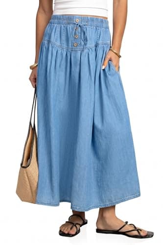 Flowyair Women Denim Midi Skirts Drawstring High Waisted A-Line Jean Skirts - Image 1