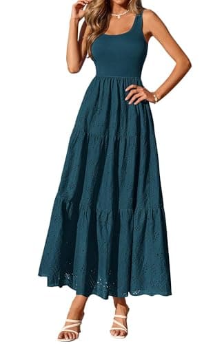 BTFBM Women Summer Eyelet Midi Dresses Casual Spring 2026 Sleeveless A Line Flowy Vacation Beach Wedding Guest Sun Dress(Dark Lake Blue, X-Large) - Image 1