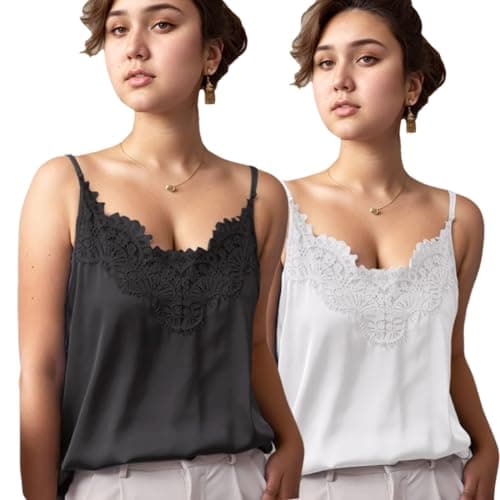 Silk Camisole Tops for Women Satin Cami Adjustable Strap Spaghetti Strap Silk Tank Tops Office Wear V-Neck Satin Lace Trim Cami Business Casual (US, Alpha, Small, Regular, Regular, Black+White) - Image 1