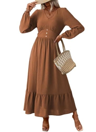 Dokotoo Womens Dresses Sexy V Neck Dresses for Women 2026 Elegant Classy Trendy Long Sleeve Solid Color Italian Dress Tiered Maxi Dress Ruffle A-Line Boho Beach Vacation OutifitsXX-Large - Image 1