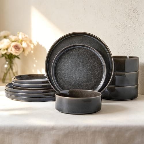 ALOFMO Dinnerware Sets for 4, ceramics Plates and Bowls Set, 12-Piece Modern Stoneware Dinnerware – Chip Resistant, Non-Toxic, Dishwasher and Microwave Safe Tableware, Black - Image 1