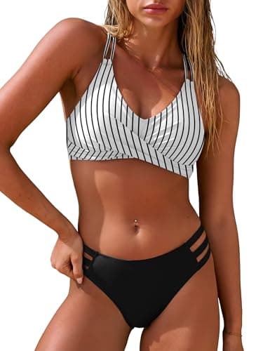 ANRABESS Bikini Sets for Women V Neck Criss Cross Two Piece Swimsuit Sexy Cutout Bathing Suit 2026 Beach Vacation Swimwear Stripe Black X-Large - Image 1