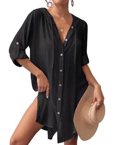 Bsubseach Bathing Suit Cover Up for Women Long Sleeve Swimsuit Coverup Sheer Dresses Button Down Hooded Beach Shirt Black XL - Image 1