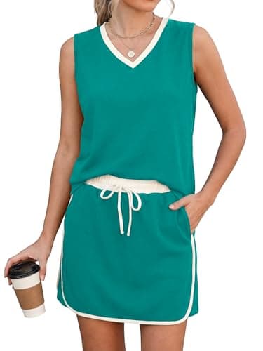 Casly Lamiit 2 Piece Skirt Sets for Women Sleeveless Summer Skort Set Athletic Set Vacation Travel Outfits Viridian Green 2XL - Image 1