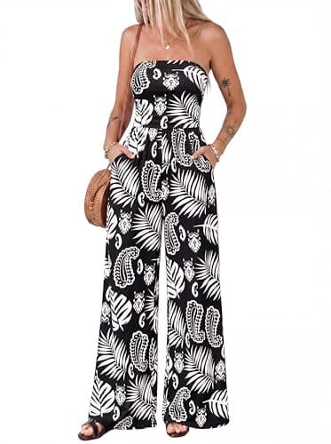 BTFBM Jumpsuits For Women Casual 2026 Floral Strapless Jumpsuit Wide Leg Rompers Beach Vacation Clothes Summer Outfits(Floral Black White, Large) - Image 1