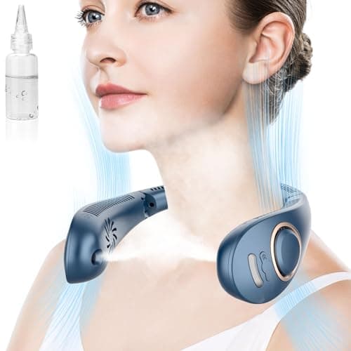 QMKKX Neck Fan with Mist Spray,Bladeless Folding Neck Fans that Blow Cold Air,Portable Necklace Fan Rechargeable Battery Operated Quiet Cooling Device,Wearable Hands Free Fans for Women Men Kids Blue - Image 1