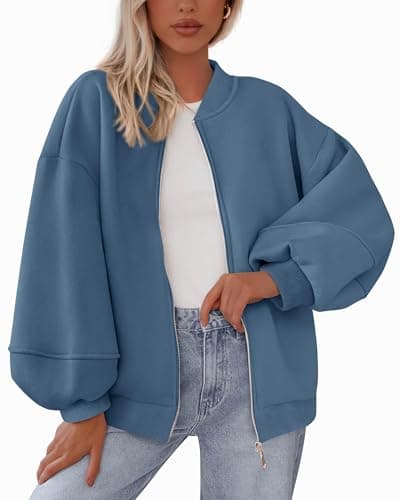 KIRUNDO Oversized Sweatshirt for Women Zip Up Bomber Jacket 2026 Fall Fashion Casual Long Sleeve Outerwear Winter Outfits(Blue, Small) - Image 1