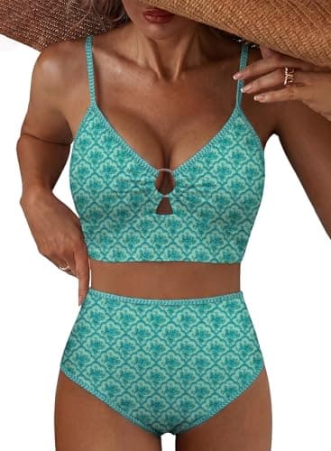 Herseas Womens Modest Bikini Sets 2 Piece Padded Swimsuits High Waisted O Ring 2026 Summer Adjustable Spaghetti Straps Vintage Bathing Suit Cruise Outfits Green Scallop Floral Large - Image 1