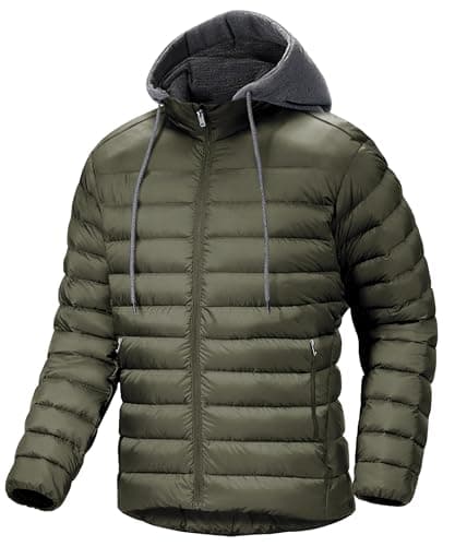 Mens' Lightweight Coat Winter Jacket Quilted Lined Jackets Puffer Hoodie Zip Up Windproof Insulated Hooded Warm Coats - Image 1