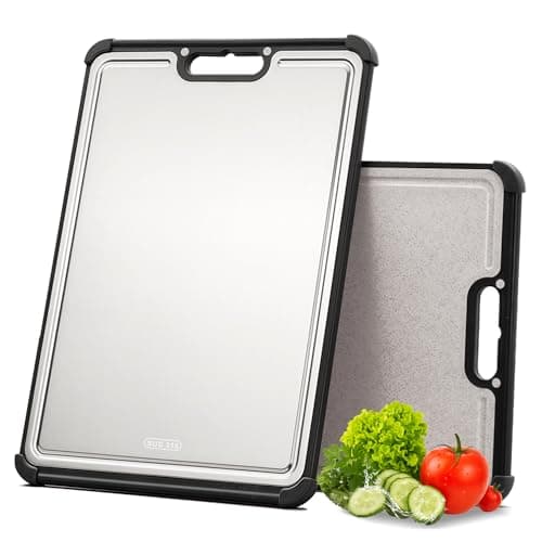 Premium 316 Stainless Steel Cutting Board for Kitchen Extra Large 16.9" x 11.8" Best Non-Toxic Chopping Board for Meat Food-Grade Metal & Eco-Friendly Wheat Straw Dual-Sided Healthy Kitchen Essential
