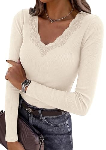 PRETTYGARDEN Women's Long Sleeve Shirts Lace Trim V Neck Ribbed Slim Fitted Basic Tees Y2K Going Out Tops 2026 Fall Clothes (Beige,Medium) - Image 1