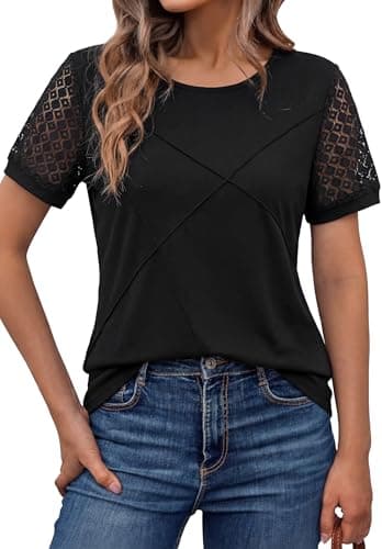 Women's Short Sleeve Shirts, Dressy Lace Summer Trendy T-Shirts, Casual Tops for Women with Round Neck, 2026 Cute Blouses for Work, Travel and Lounge Black, Small - Image 1