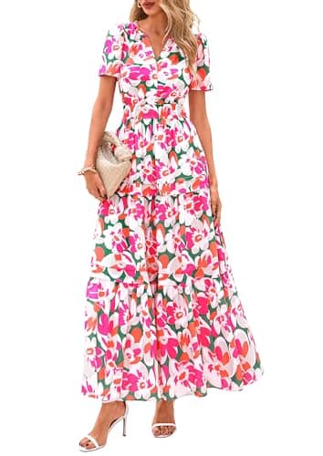 PRETTYGARDEN Women's 2026 Summer Boho Maxi Dresses Floral Short Sleeve V Neck A Line Tiered Flowy Long Beach Vacation Dress (Green Pink Floral,Small) - Image 1