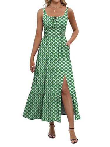 ANRABESS Women Summer Casual Floral Printed Square Neck Sleeveless Straps Elastic Waist Slit Beach Vacation Maxi Dress Green Floral Medium - Image 1